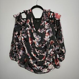 White House Black Market Black Blouse Floral Burnout Velvet Cold Shoulder Top 10